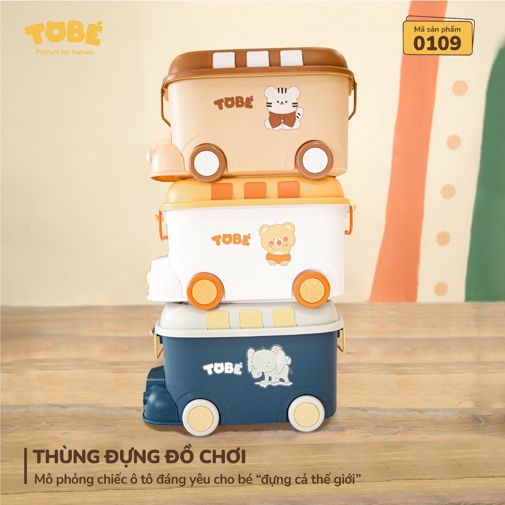 Hộp đựng đồ chơi [TOBÉ] hình ô tô có bánh xe, tay cầm, nắp thùng xếp hình ba màu cho bé