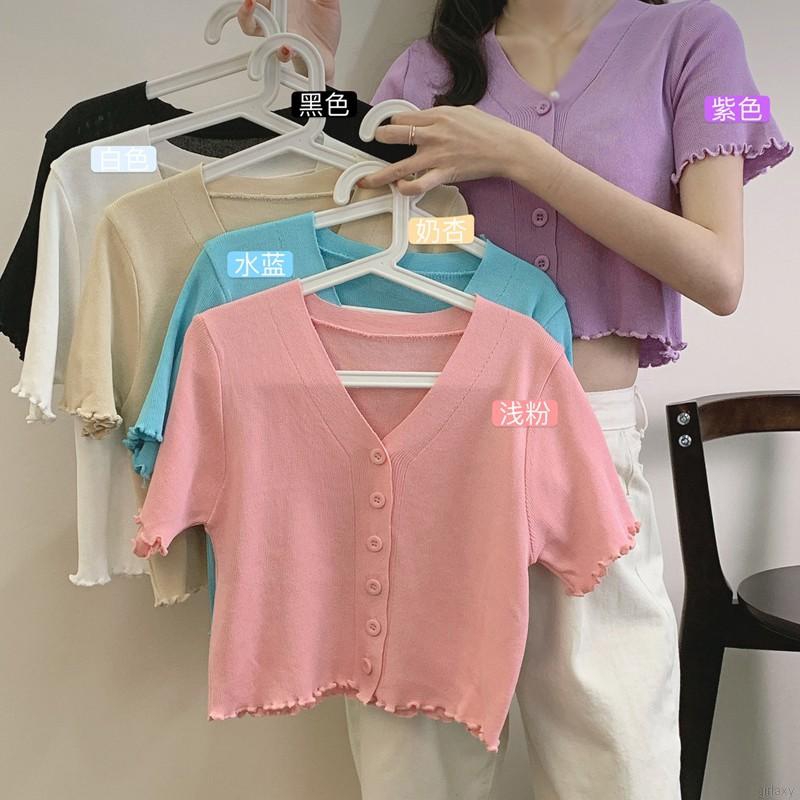 Áo thun tay ngắn cổ chữ V phối nút xinh xắn phong cách Hàn Quốc