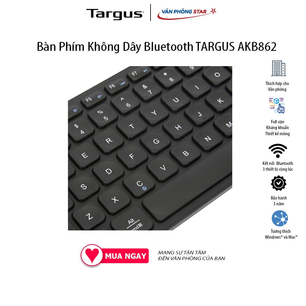 Bàn phím không DâyTargus Multi device Compact Bluetooth AKB862AP full size. Thiết kế mỏng đẹp kháng khuẩn