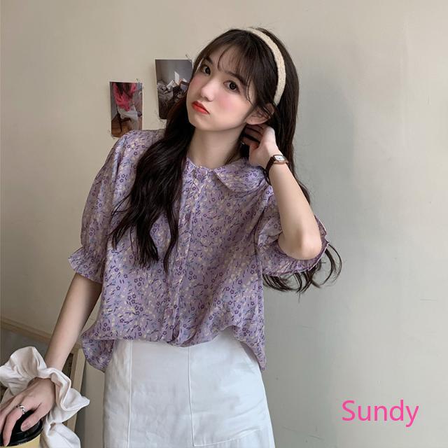 Áo sơ mi voan tay ngắn cố áo búp bê họa tiết hoa thời trang mùa hè dành cho nữ
