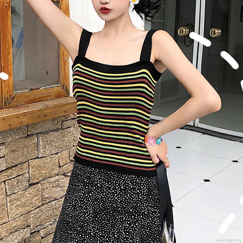 Áo nữ vải dệt không tay họa tiết kẻ sọc ngang thời trang | BigBuy360 - bigbuy360.vn