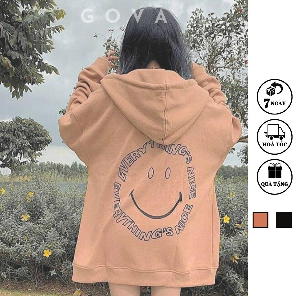 Áo khoác nỉ Hoodie MẶT CƯỜI Dây Kéo form rộng áo nỉ bông nữ Unisex AKN4 GOVA