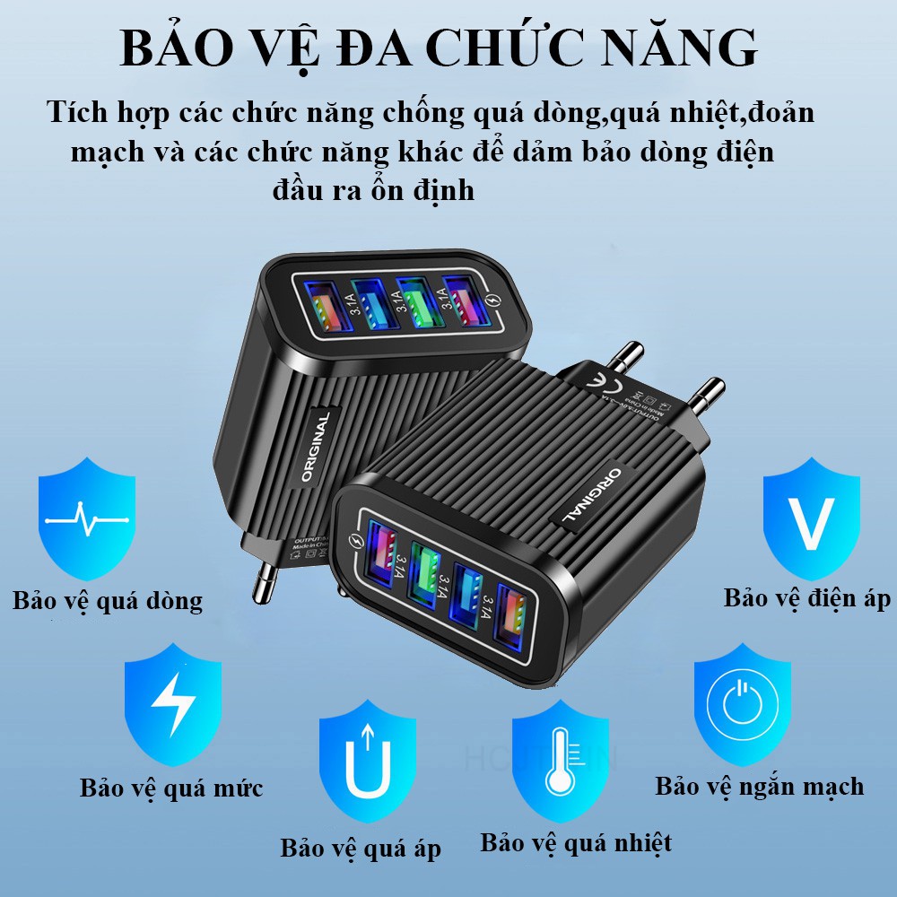 Củ Sạc Nhanh 4USB 5V 3.1A-Đèn Led Định Vị Ban Đêm, Chip Sạc An Toàn, Củ Sạc tương thích cho các dòng iphone,samsung,Oppo