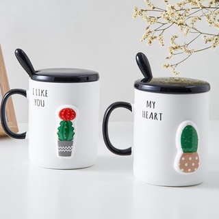 Cốc sứ HOA XƯƠNG RỒNG cao cấp CÓ NẮP và THÌA, dung tích 450ml, họa tiết CACTUSES, ly sứ quà tặng thông điệp sống ý nghĩa