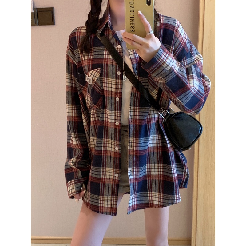 SUXI Áo Sơ Mi Caro Tay Dài Thời Trang Nữ