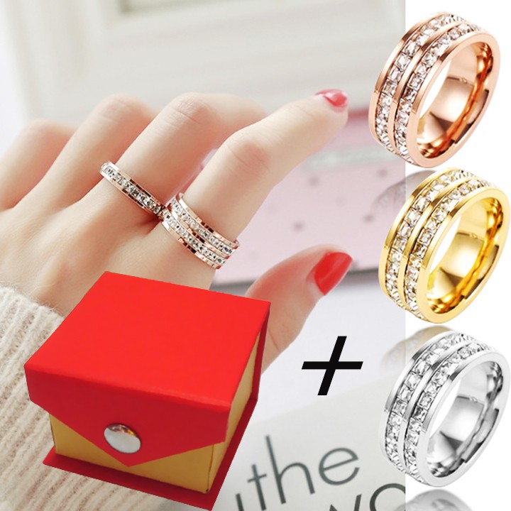 (Hot Style) Nhẫn titan cao cấp 2 hàng đá vuông siêu đẹp, bền màu, hợp thời trang - tặng hộp đựng xinh xắn