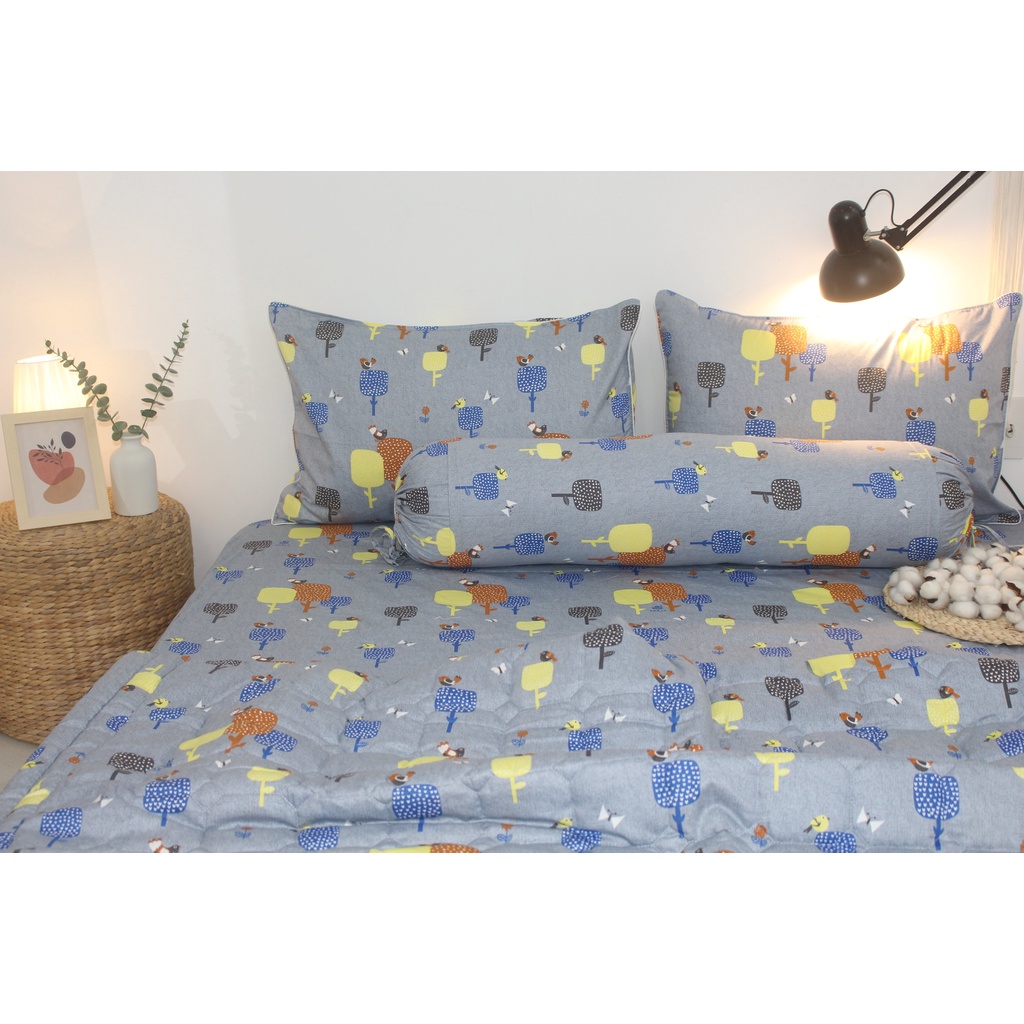 Bộ drap gối KHA LY - cotton thiên nhiên - Gardens-Xám - VN295