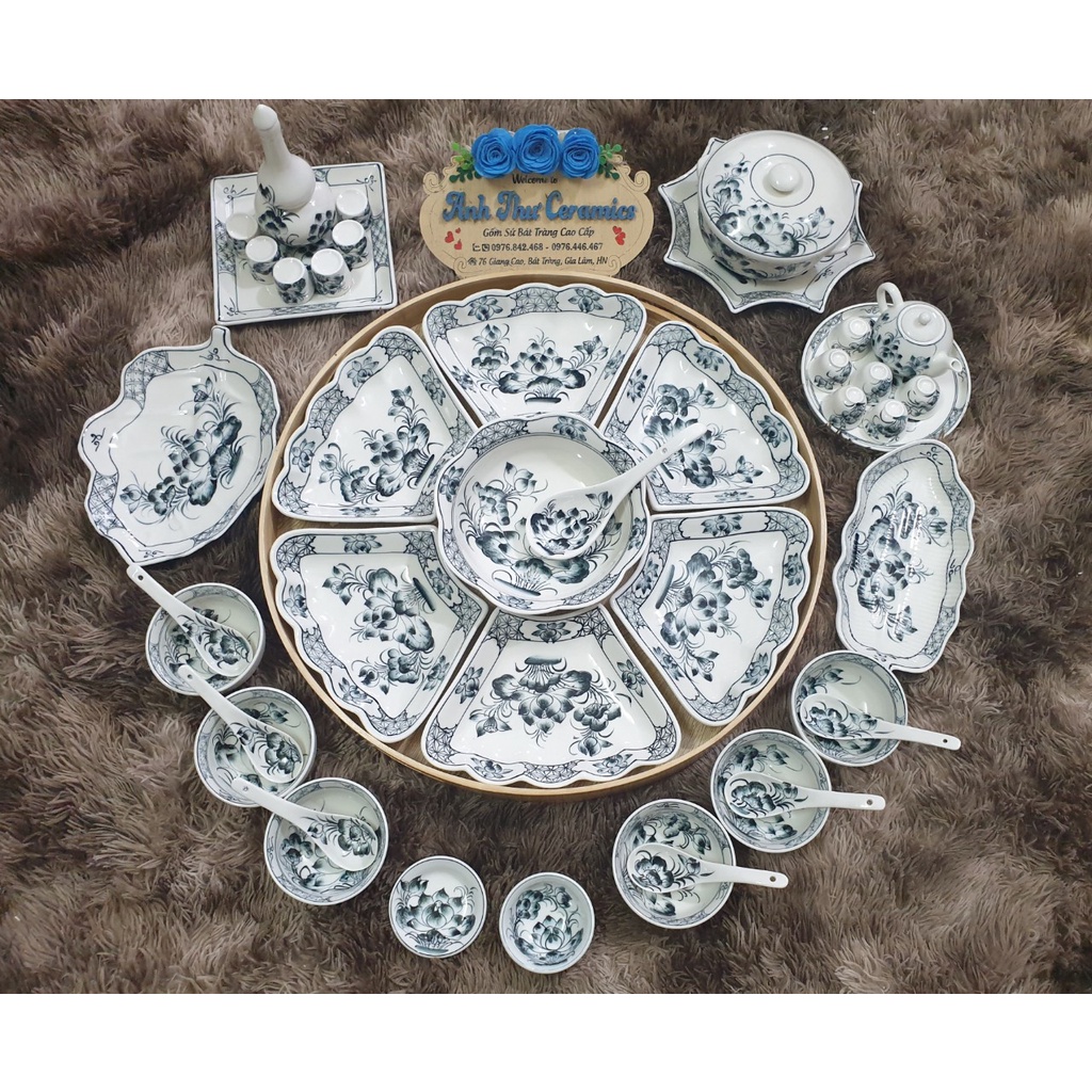Bộ bát đĩa hoa mặt trời men gốm vẽ sen tranh tràm Bát Tràng set bát đĩa hàng chuẩn loại 1 decor bàn ăn dễ thương
