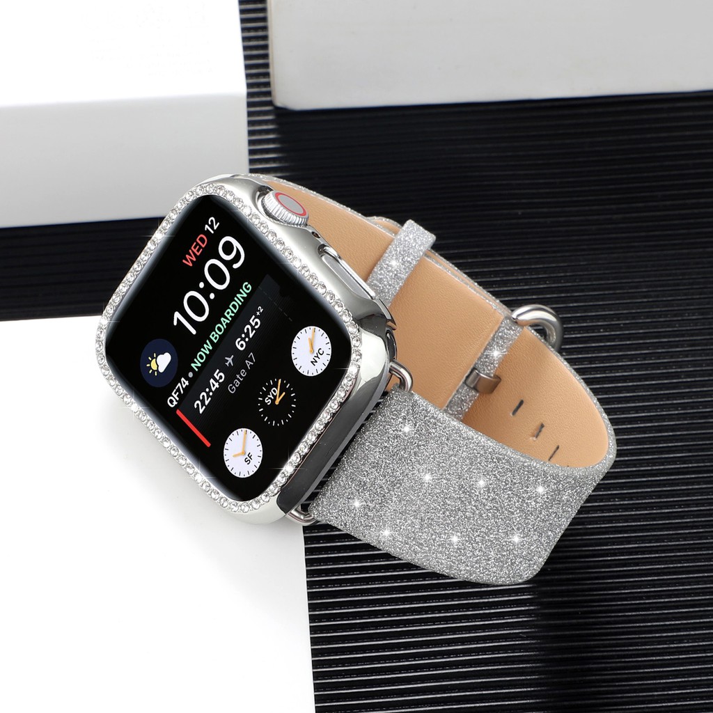 Dây Đeo Bằng Da Đính Đá Lấp Lánh Cho Đồng Hồ Thông Minh Apple Watch Series 6 / Se / 5 / 4 / 3 / 2 / 1 Iwatch 38mm 40mm 42mm 44mm