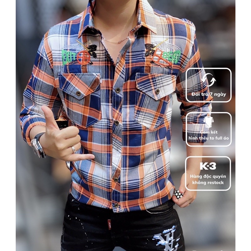 Áo sơ mi tay dài nam caro cam xanh logo 2 túi áo sơ mi nam kẻ sọc hoạ tiết thêu full áo giá rẻ K3STORE s2505