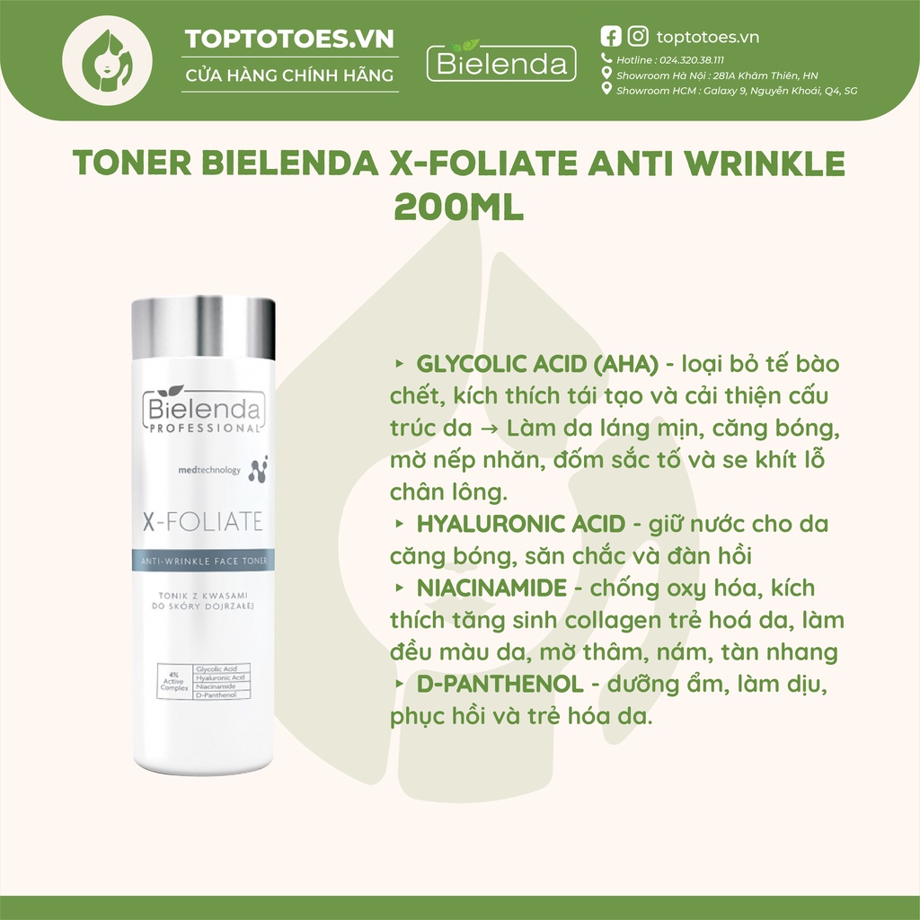 Toner trẻ hoá da Bielenda Professional X-FOLIATE Anti Wrinkle dưỡng ẩm và chống lão hoá 200ml