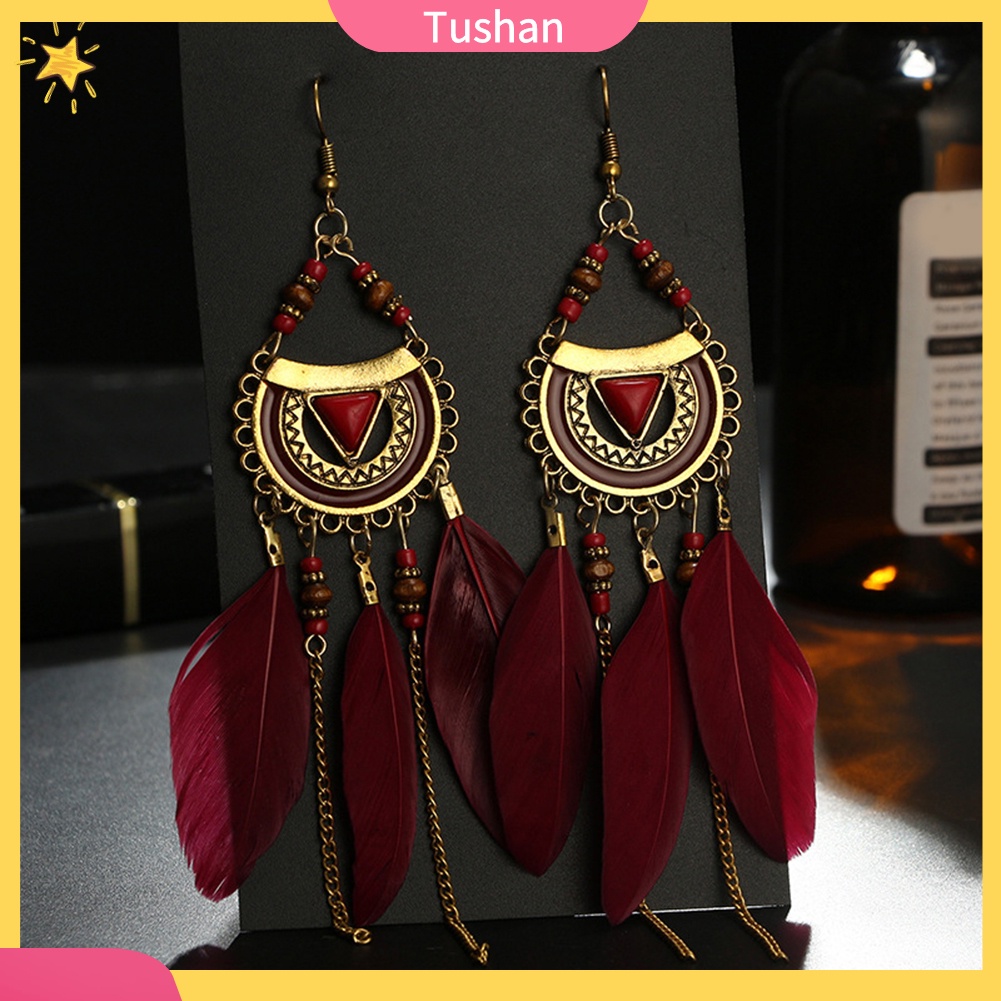 Bông tai tua rua lông vũ phong cách retro cho nữ