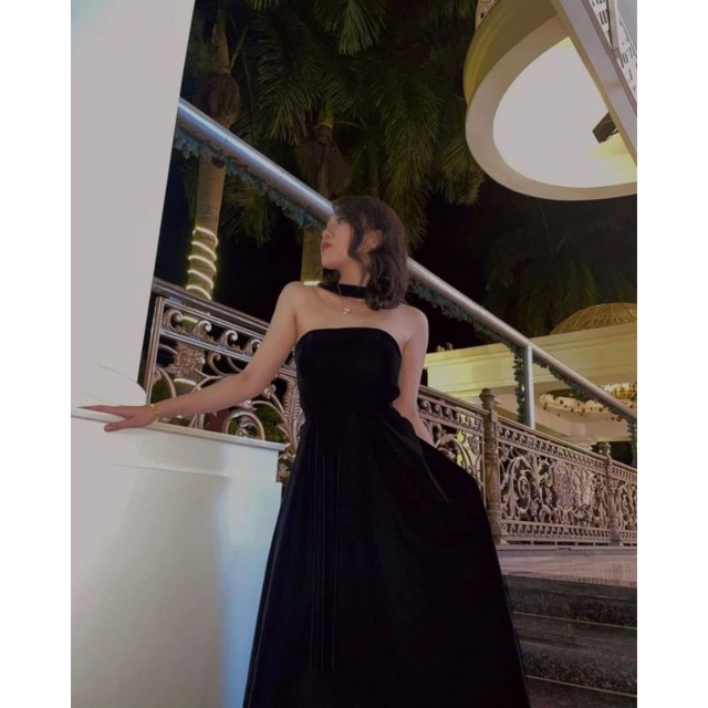 Đầm dự tiệc dáng xòe dây cổ nơ lưng vải nhung Kana Dress