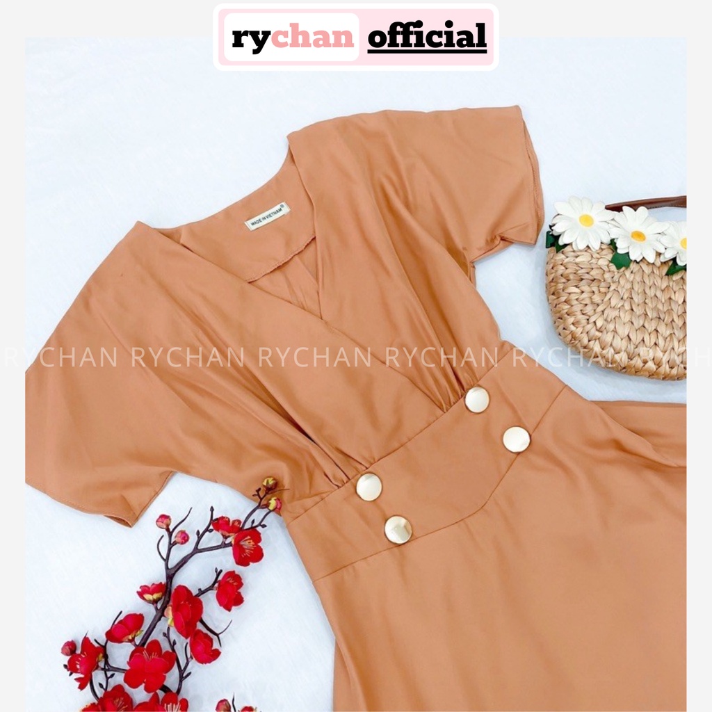 Đầm Công Sở 4 Nút Cổ V Tay Ngắn Form Xòe Thanh Lịch Dạo Phố Màu Nude [ẢNH THẬT CUỐI] - DX9766