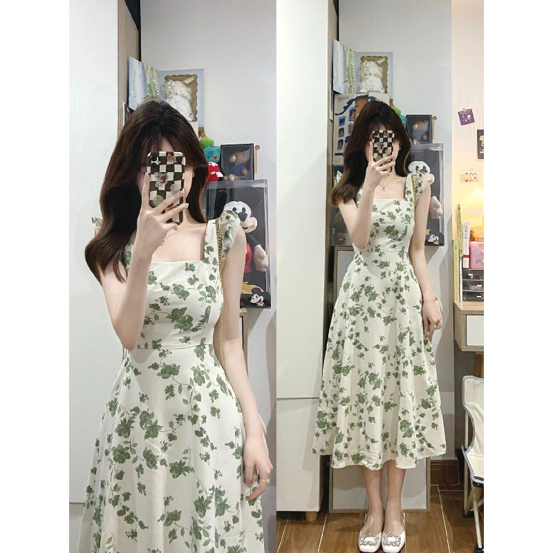 Đầm cổ vuông chân váy dài chân váy chữ a váy hoa nhí đầm hoa Đầm Hoa Hai Dây Dáng Chữ A Eo Cao Phong Cách Hàn Quốc Cho Nữ