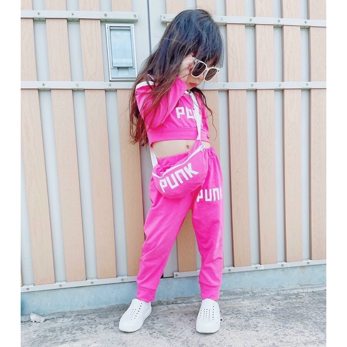 Set thể thao bé gái áo croptop quần jogger thun coton cao cấp kèm túi đeo