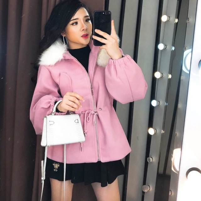 áo dạ rút dây eo mũ lông