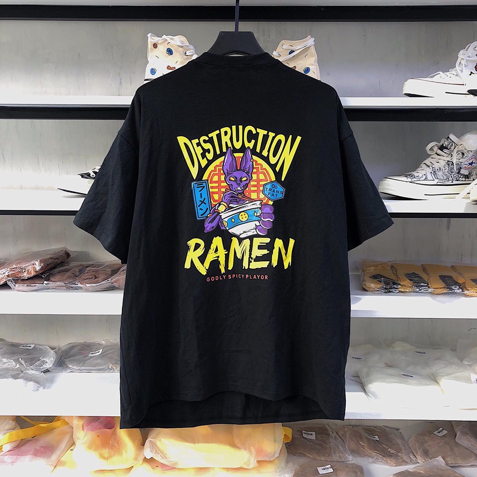 Áo Thun tay lỡ YAYSHOP phông unisex nam nữ form rộng vải cotton mềm mịn RAMEN - Màu Đen