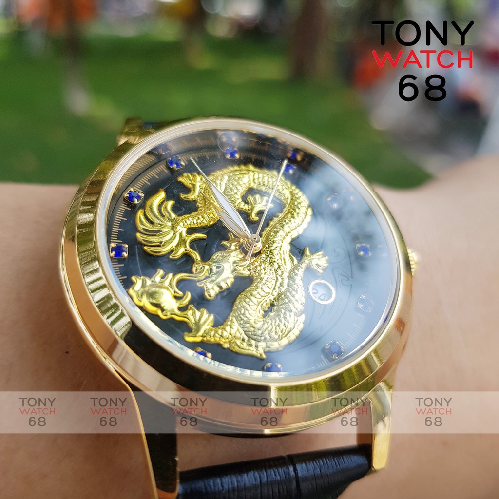 Đồng hồ nam SL dây da mặt rồng nổi mạ vàng đá xanh đỏ có lịch quyền lực chính hãng Tony Watch