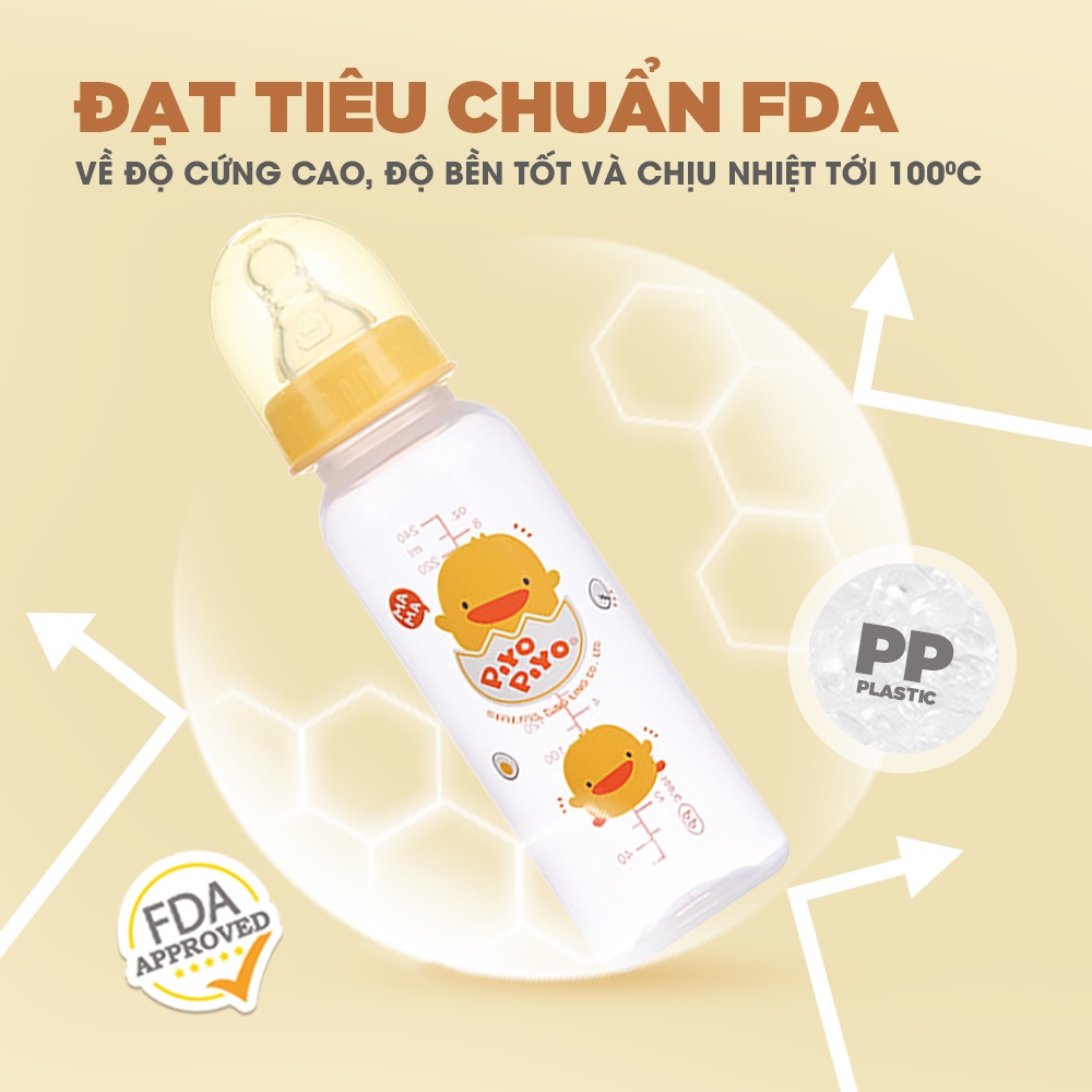 Bình sữa cổ tiêu chuẩn Piyo Piyo 240ml thân bình thẳng có thước đo, nhựa PP không chứa BPA