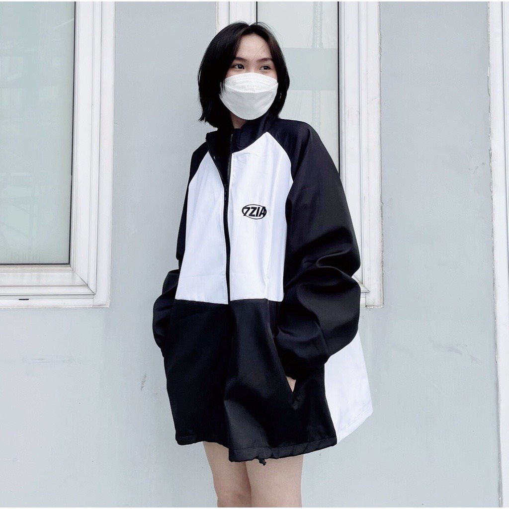 Áo khoác dù mẫu 7ZIA đen phối trắng - form rộng unisex nam nữ