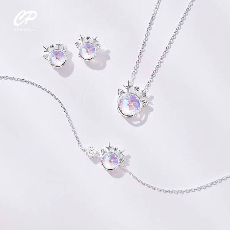 Bộ Trang Sức Vòng Cổ + Bông Tai + Vòng Tay Hình Hươu Cao Cổ Đính Đá Mặt Trăng Thời Trang Ngọt Ngào Cho Nữ