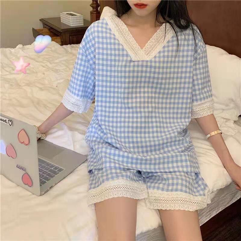 Đồ ngủ nữ cộc tay pijama, Đồ bộ nữ cộc tay dễ thương mùa hè chất mát kẻ caro | BigBuy360 - bigbuy360.vn