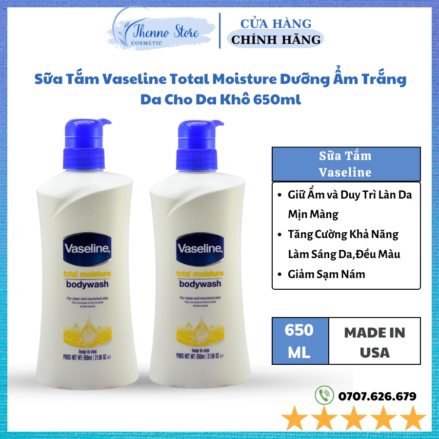 Sữa Tắm Vaseline Total Moisture Dưỡng Ẩm Trắng Da Cho Da Khô 650ml