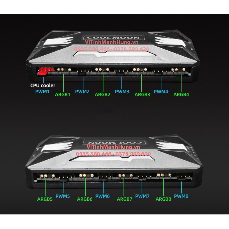 Hub CoolMoon P-ARGB v2, 8 cổng 4 pin PWM +  10 cổng Led 3 pin 5V-ARGB, đồng bộ Led Mainboard.