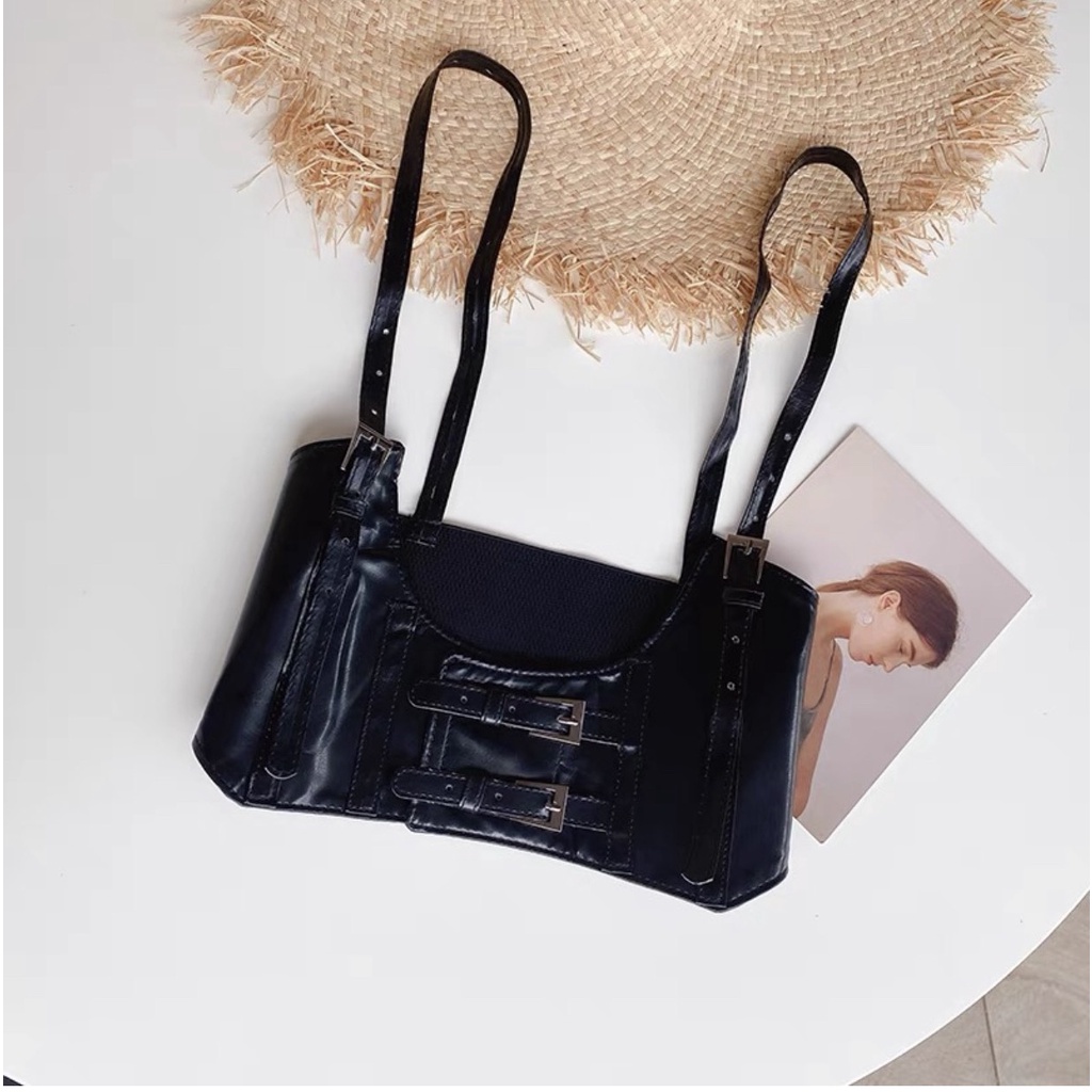 【 𝐍𝐞𝐰】Đai corset có dây trendy gothic màu nâu da PU siêu dày dặn