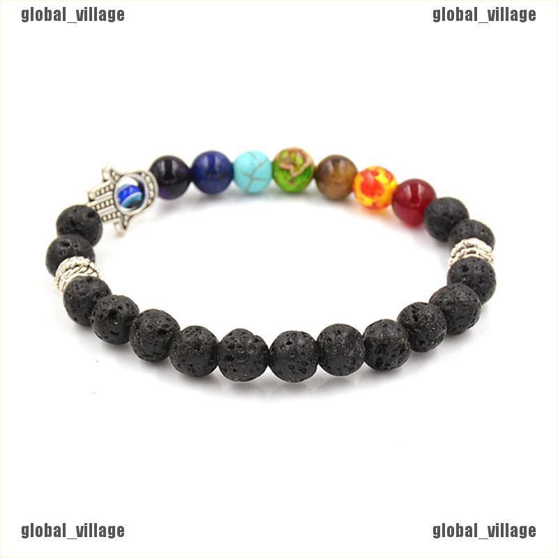 [global] Hamsa Hand Chakra Gemstone Bracelet Lava Stone Crystal Reiki Healing Balancing [village]