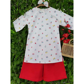 Áo Dài Trẻ Em Linen Trắng Hoa Đỏ Phối Đỏ