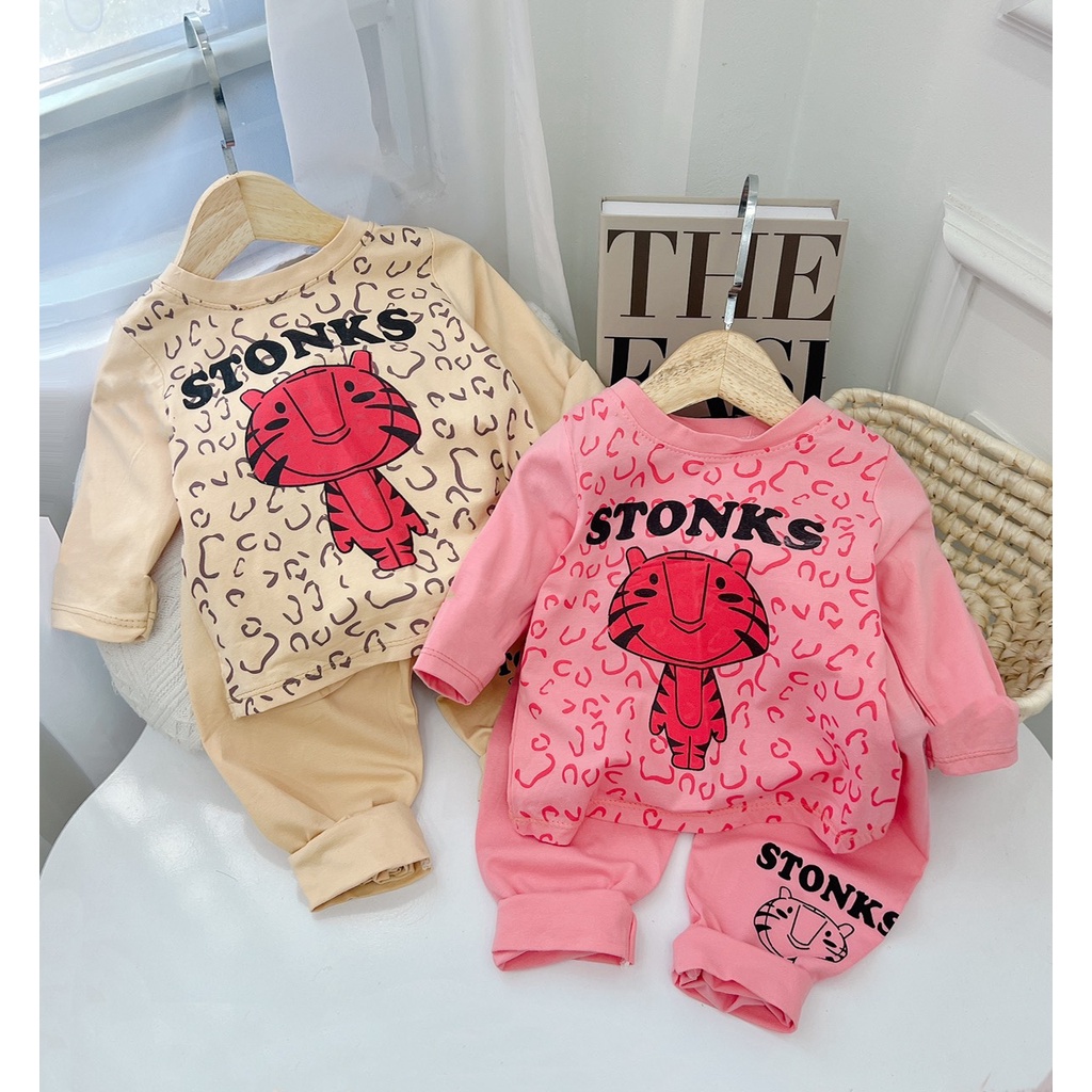 Bộ thu đông cho bé, bộ quần áo dài tay chú hổ STONK chất cotton size 8-30kg cho bé gái