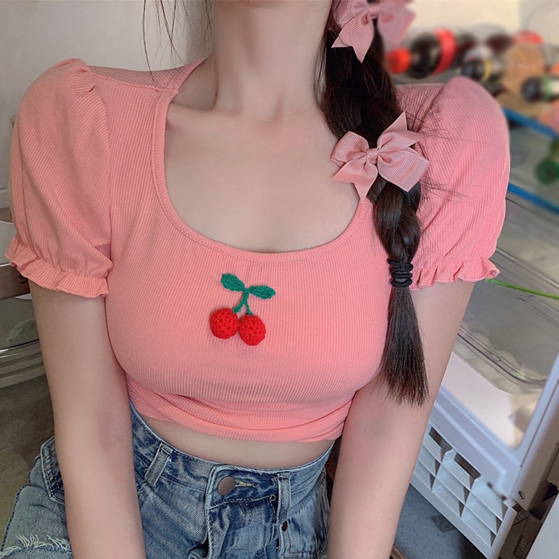 Áo Thun Crop Top Tay Ngắn Phồng Cổ Tròn In Họa Tiết Quả Anh Đào Thời Trang Mùa Hè Phong Cách Hàn Quốc Cho Nữ