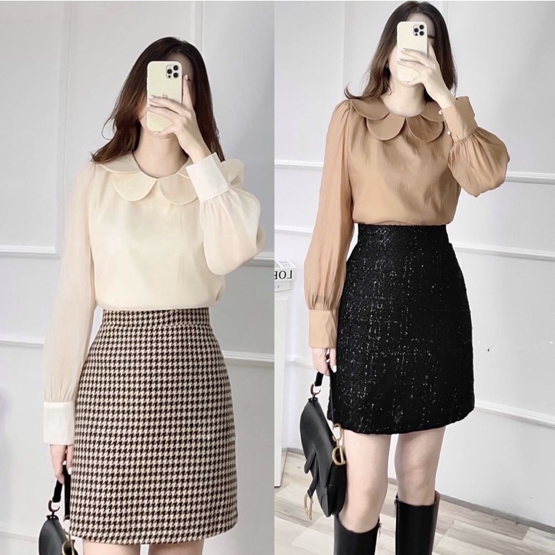 ▥áo sơ mi kiểu hàn quốc tay phồng cổ xếp chất liệu tơ mềm mịn không nhăn nhàu mặc đi chơi làm hai màu nude,nâu A23