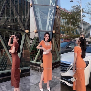Đầm ôm body xoắn lưng xẻ tà dáng dài chất thun gân