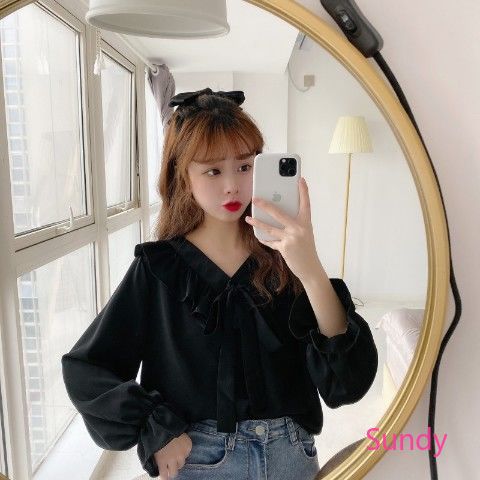 Áo tay dài phối bèo cổ chữ V thời trang cho nữ