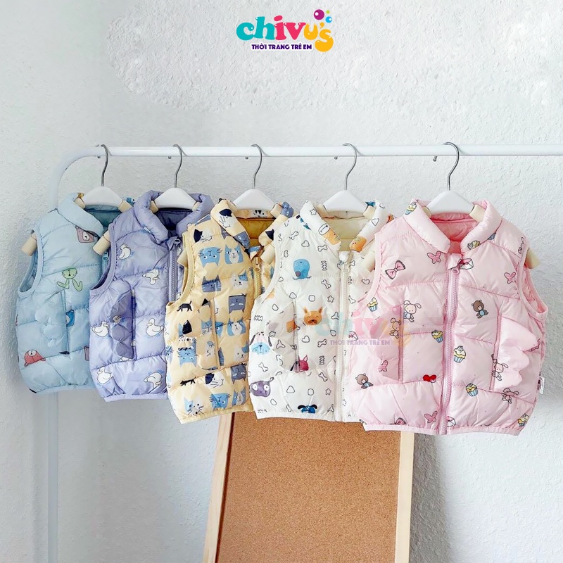 Áo gile phao cho bé CHIVU'sKID áo gile cho bé trai bé gái màu vintage họa tiết túi cánh tiên cách điệu rất dễ thương
