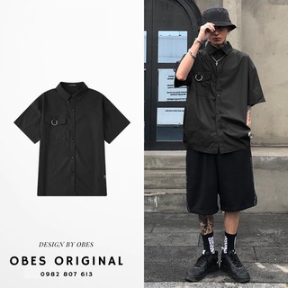 [OBES] Áo sơ mi đen ngắn tay túi có móc tròn AS023