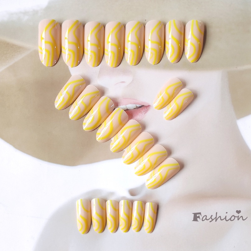 Bộ 24 Miếng Dán Móng Tay Đầu Tròn Màu Vàng Có Thể Tháo Rời