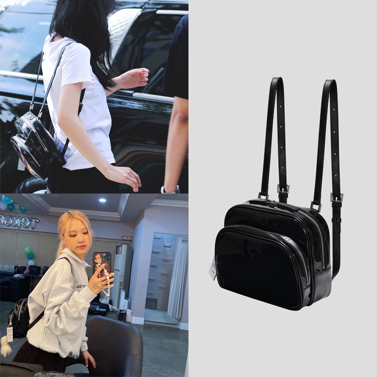Jennie blackpink Ba Lô Da Hai Lớp Màu Đen Trơn Hình Vuông Nhỏ Có Thể Điều Chỉnh Họa Tiết Hoa Hồng