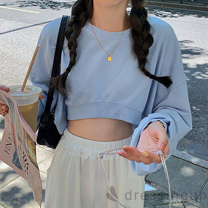 DRE-Women’s Casual Long Sleeve Fashion Solid Color Round Neck Exposed Navel T-shirt