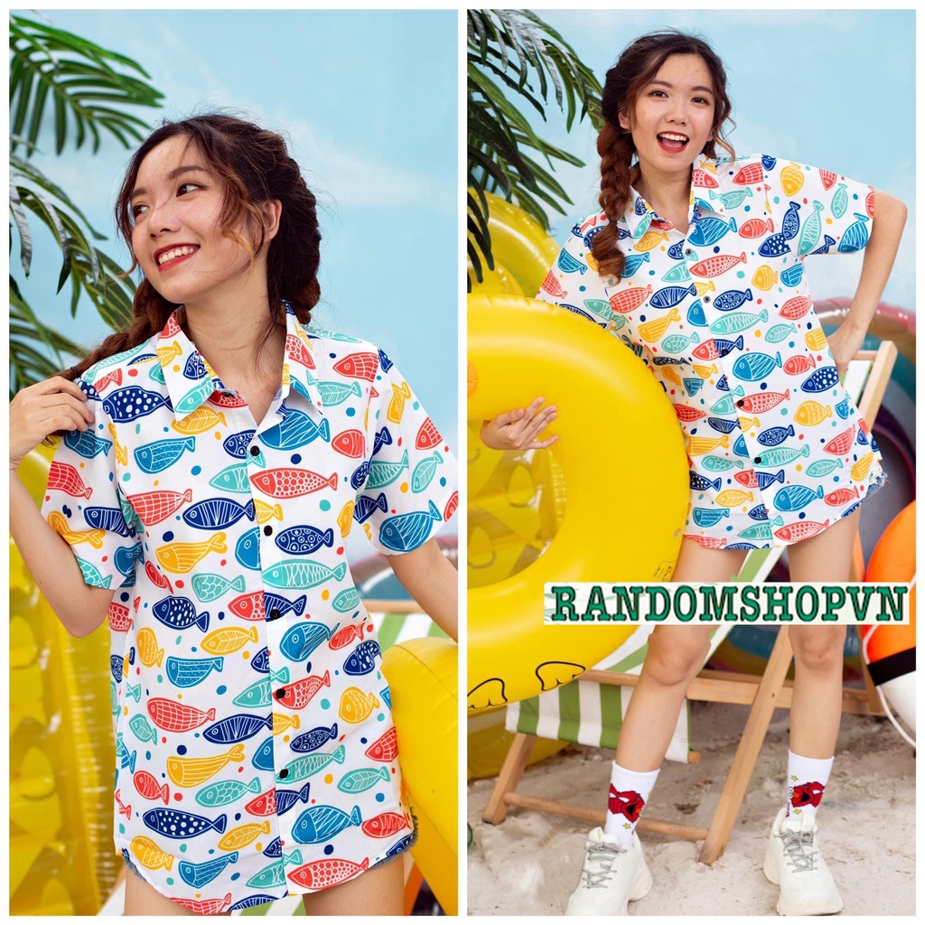 Áo sơ mi hoạt hình đi biển chất liệu kate lụa thích hợp mặc áo nhóm, áo lớp sơ mi
