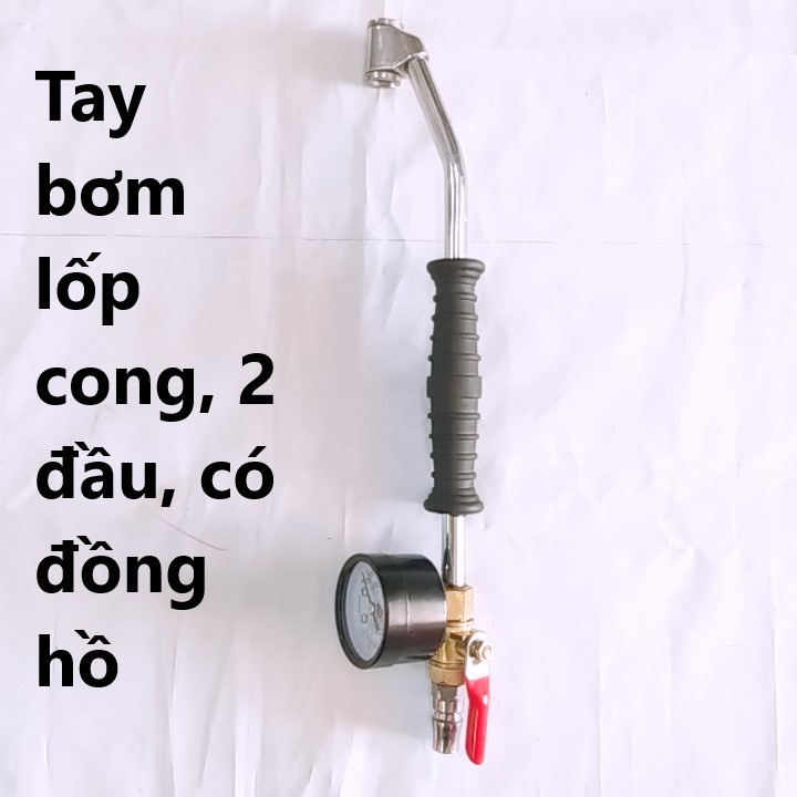 Bơm hơi lốp cong 2 đầu có đồng hồ bằng sắt
