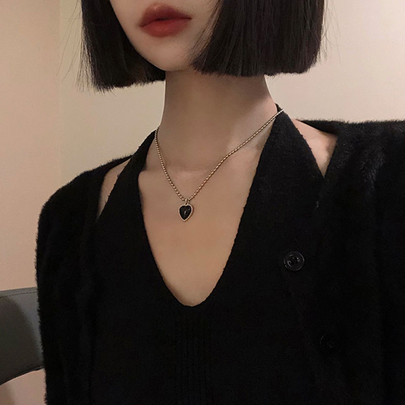 Dây chuyền chuỗi hạt mặt hình trái tim màu đen phong cách cổ điển dễ phối đồ thời trang dành cho nữ