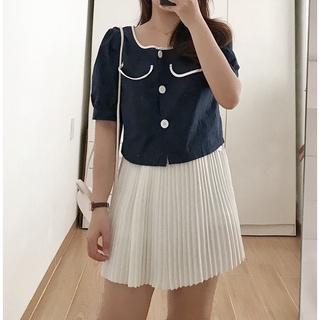 Áo kate cổ tròn viền trắng