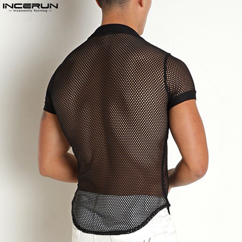 INCERUN Áo Sơ Mi Lưới Tay Ngắn Trong Suốt Cài Khuy Thời Trang Cho Nam