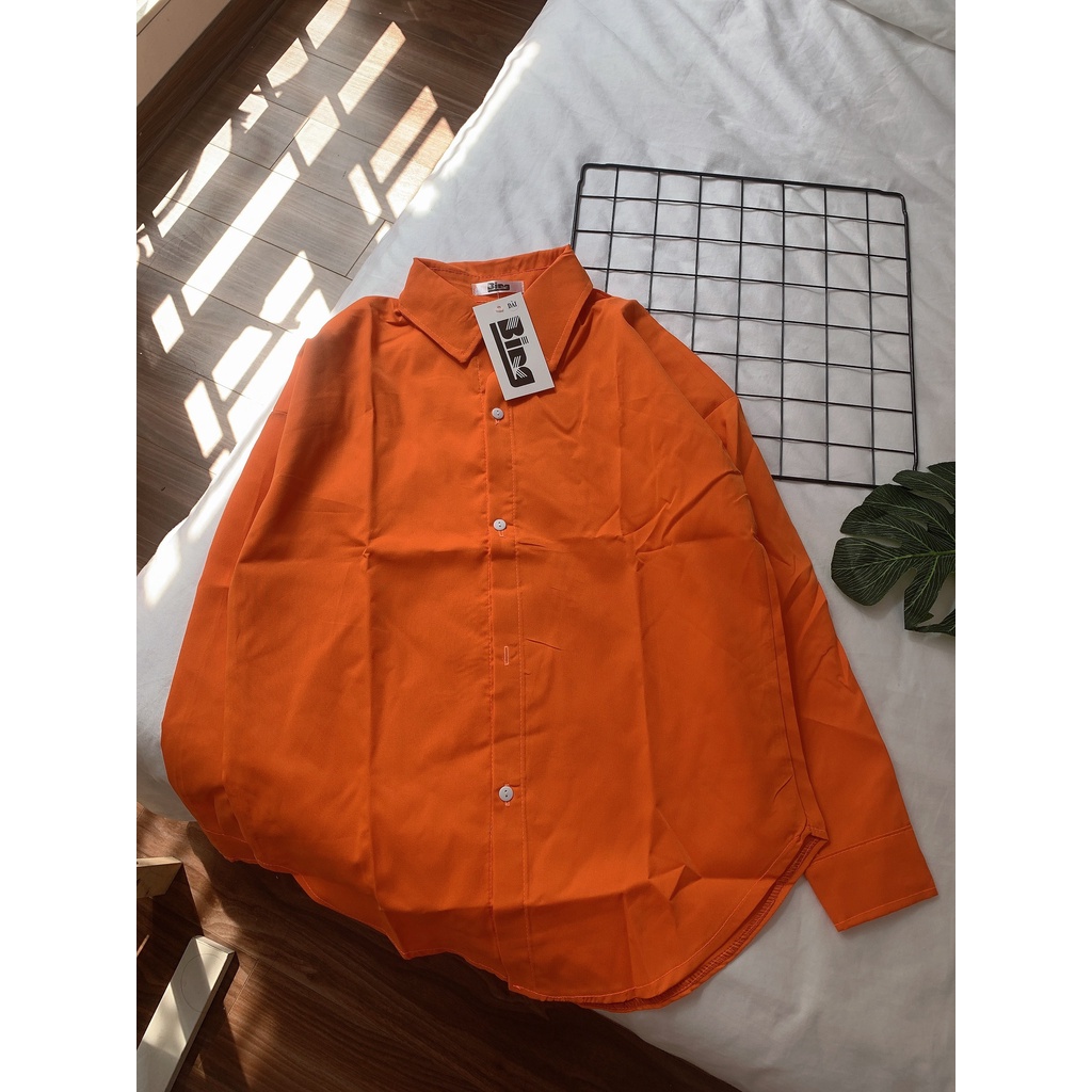 Áo sơ mi nữ basic dài tay Shynstores màu cam vải thô đũi form rộng