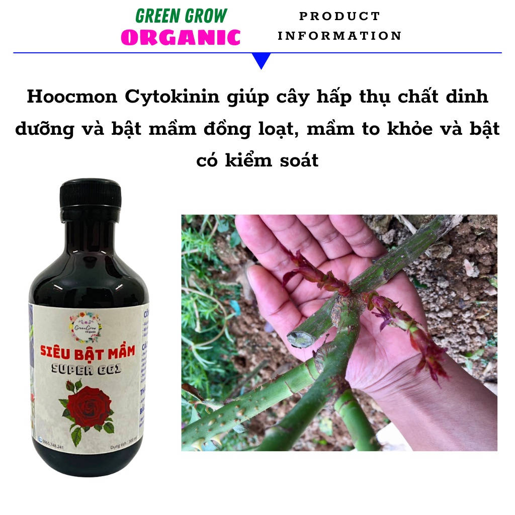 Phân bón lá siêu kích mầm 300ml Green Grow Organic, giúp kích mầm đồng loạt cho hoa hồng, kích kie hoa lan MS118