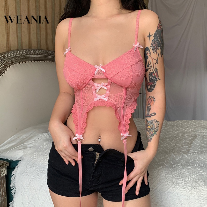 Áo croptop WEANIA màu hồng thiết kế hở lưng quyến rũ